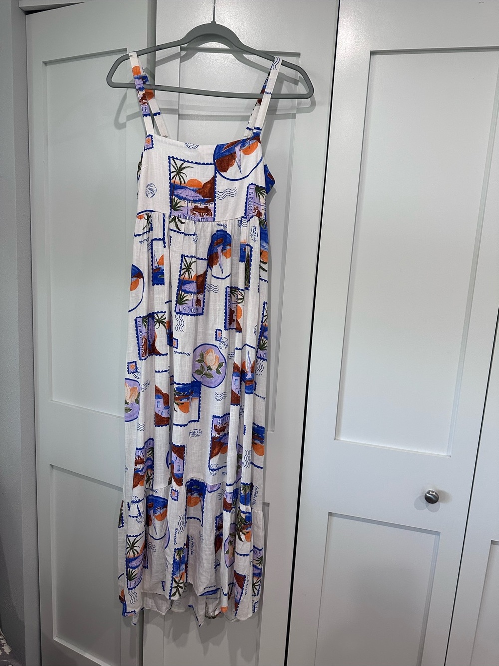 White Maxi Sundress with Blue & Orange Print